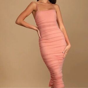 Lulu's Vibrant Orange Ruched Midi Dress